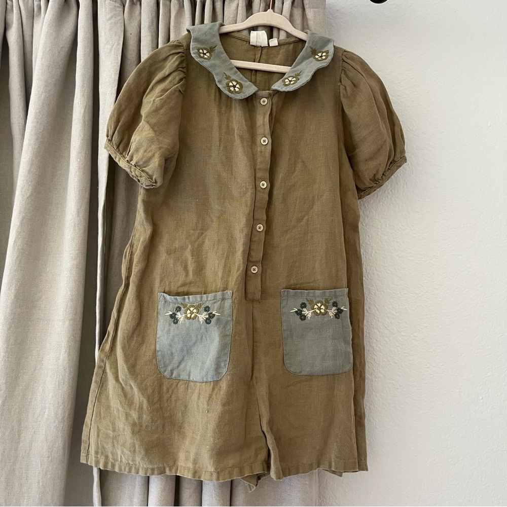 Apolina girls linen mila floral embroidered collar romper